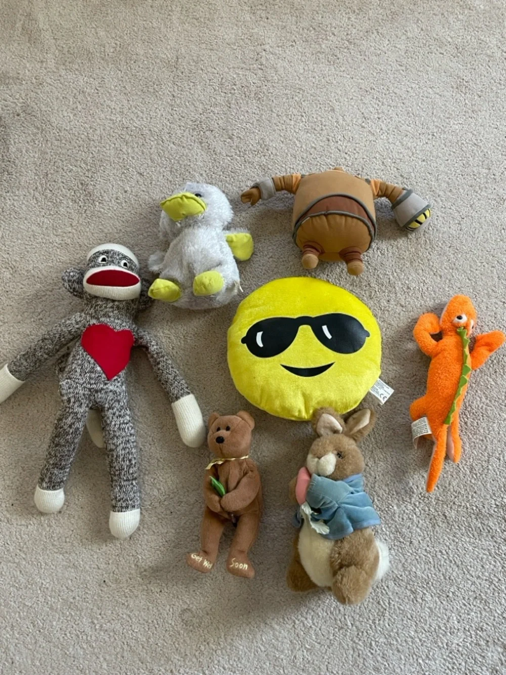 Plush Emoji Pillow and Assorted Soft Toys - Yellow, Brown, Orange, Gray